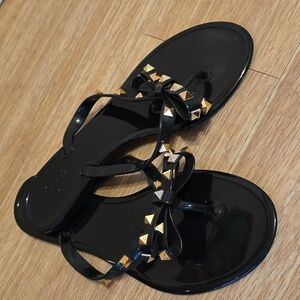 🌈Black Sandal Flip Flips With Rockstar Rockstud Vivet Bow Detail Size 7